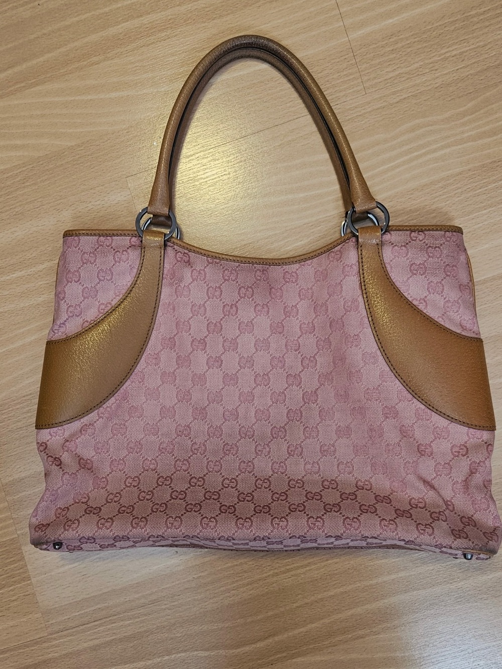Gucci Pink GG Canvas Shoulder Tote with Tan Leather Trim